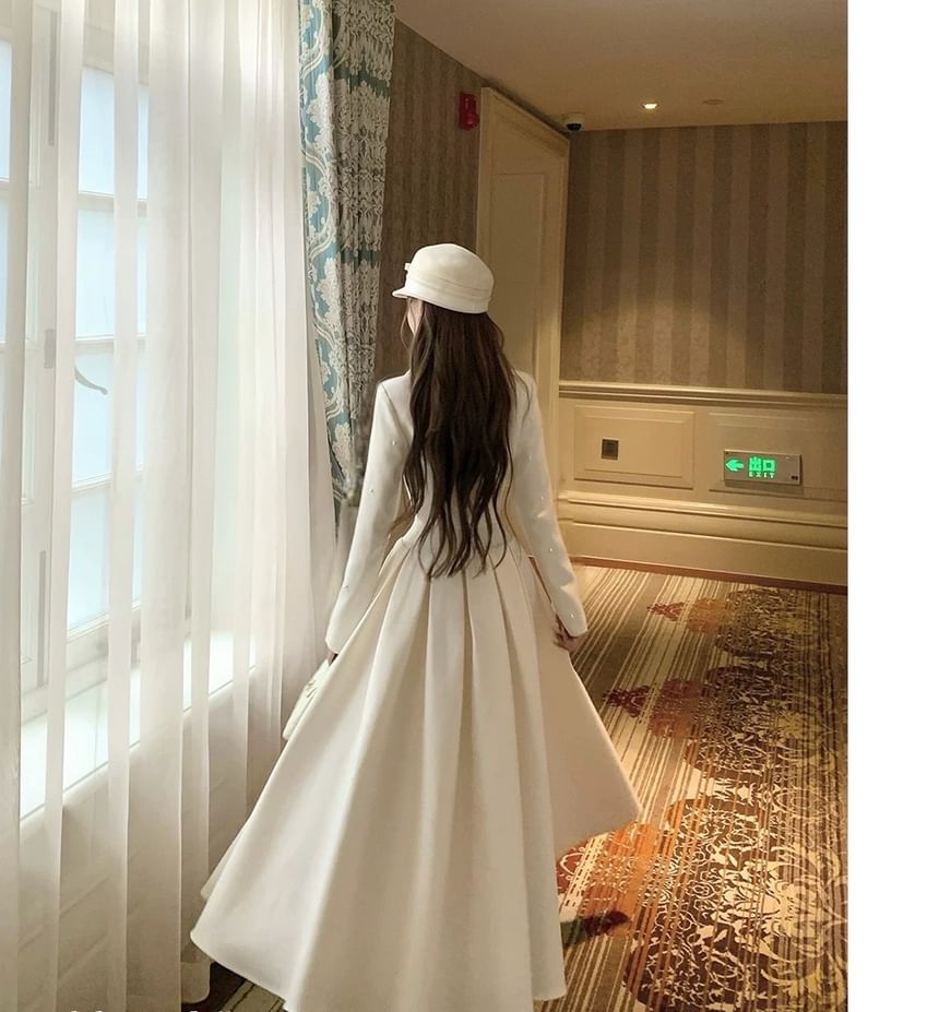 Collar Plain Faux Pearl Cropped Button Jacket / High Rise Maxi A-Line Skirt