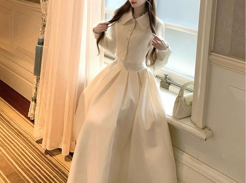 Collar Plain Faux Pearl Cropped Button Jacket / High Rise Maxi A-Line Skirt