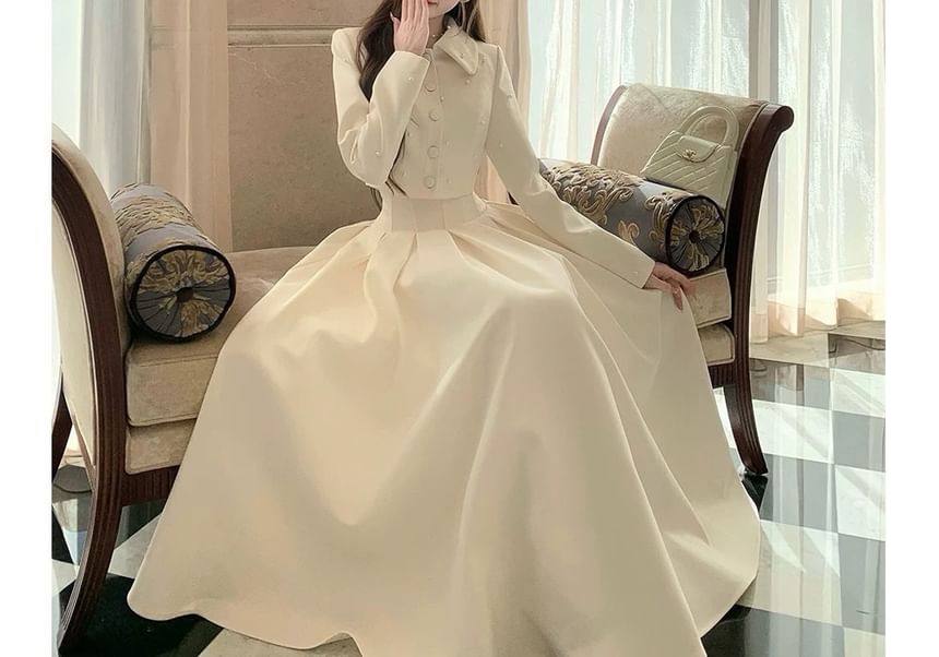 Collar Plain Faux Pearl Cropped Button Jacket / High Rise Maxi A-Line Skirt
