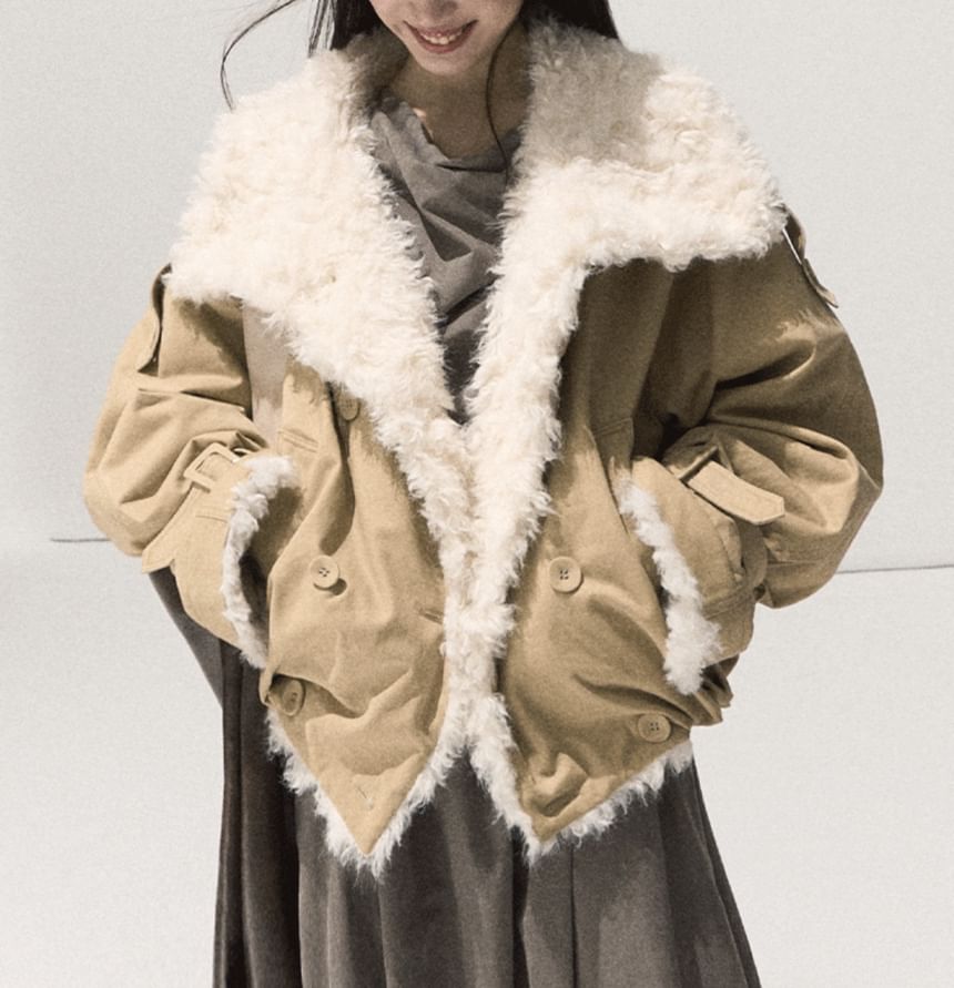 Collar Two Tone Fleece-Lined Double-Breasted Jacket