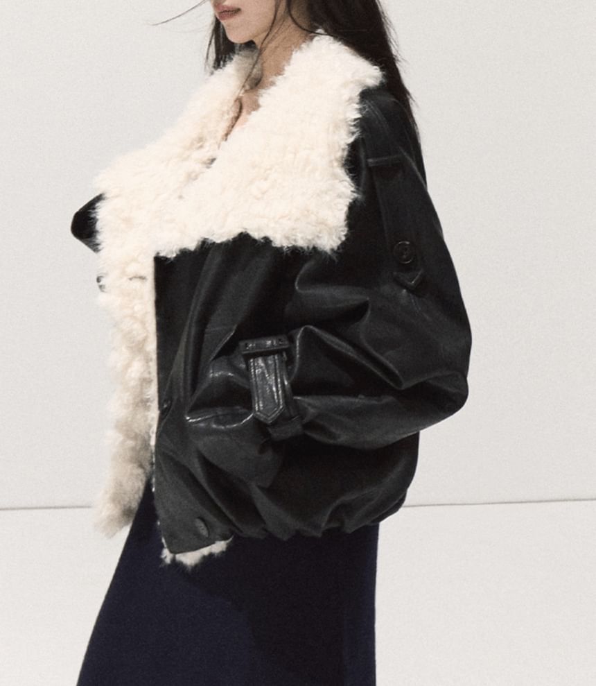 Collar Two Tone Fleece-Lined Double-Breasted Jacket