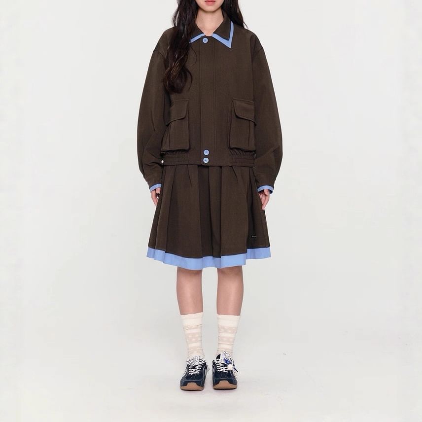 Collar Contrast Trim Zip Jacket / High Rise Pleated A-Line Skirt