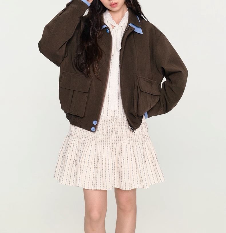 Collar Contrast Trim Zip Jacket / High Rise Pleated A-Line Skirt