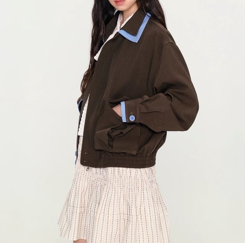 Collar Trim Zip Jacket and High Rise Pleated Skirt