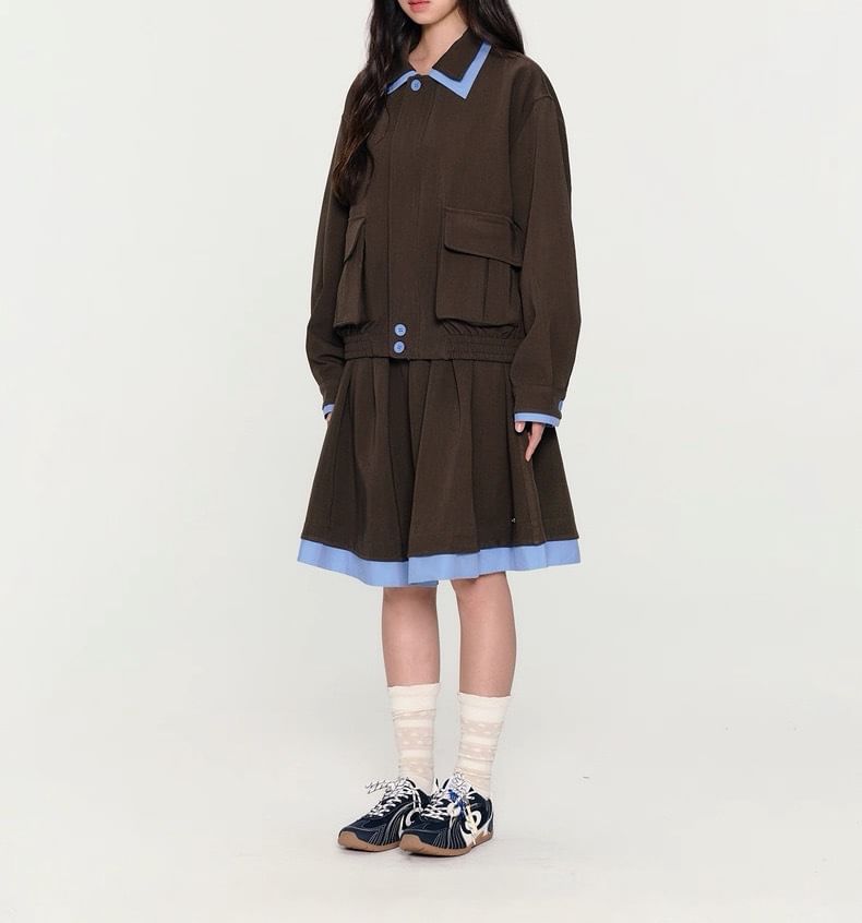 Collar Trim Zip Jacket and High Rise Pleated Skirt