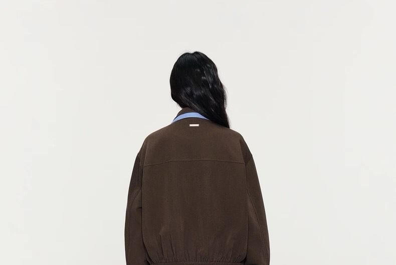 Collar Contrast Trim Zip Jacket / High Rise Pleated A-Line Skirt