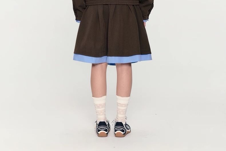 Collar Contrast Trim Zip Jacket / High Rise Pleated A-Line Skirt