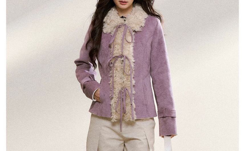 Collar Fluffy Trim Tie Front Jacket