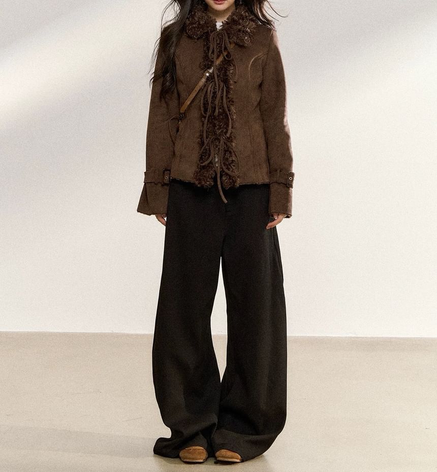 Collar Fluffy Trim Tie Front Jacket