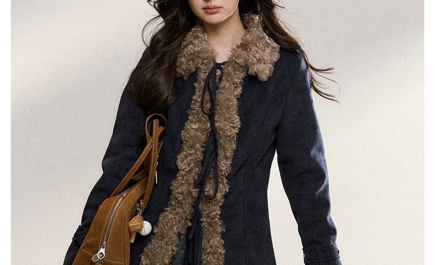 Collar Fluffy Trim Tie Front Jacket