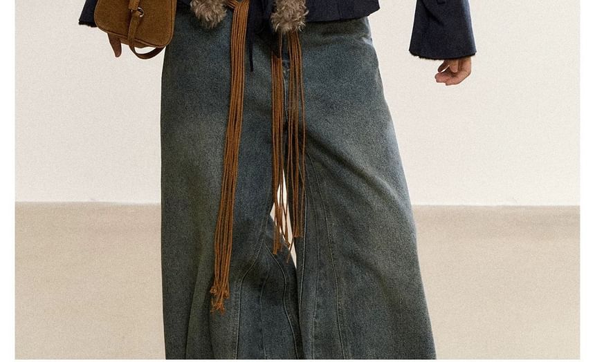 Collar Fluffy Trim Tie Front Jacket