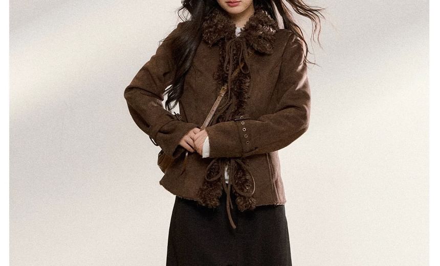 Collar Fluffy Trim Tie Front Jacket