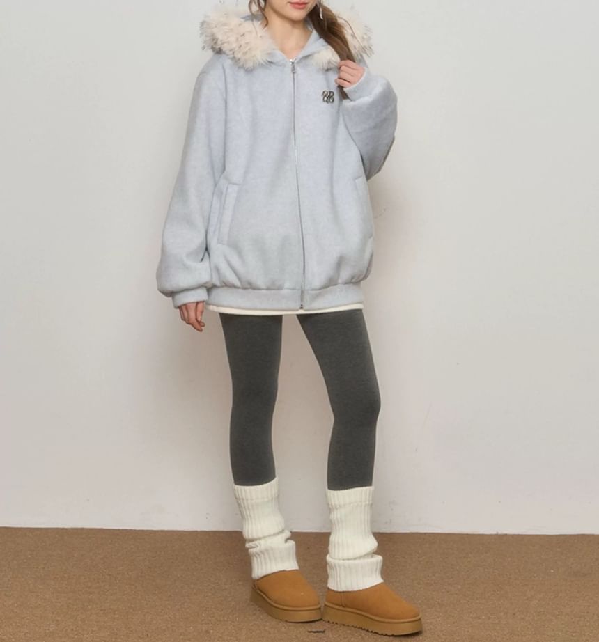 Melange Contrast Fluffy Trim Zip Hoodie