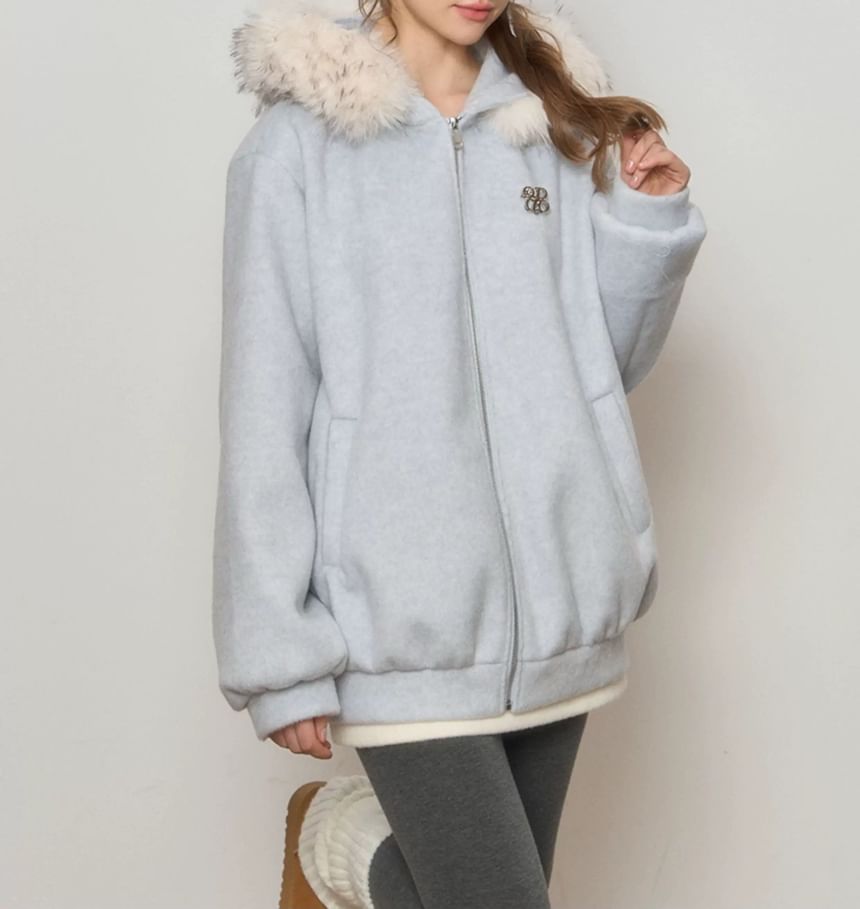 Melange Contrast Fluffy Trim Zip Hoodie