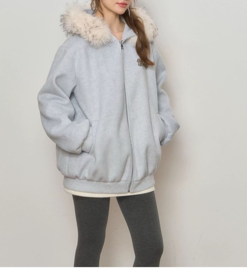 Melange Contrast Fluffy Trim Zip Hoodie