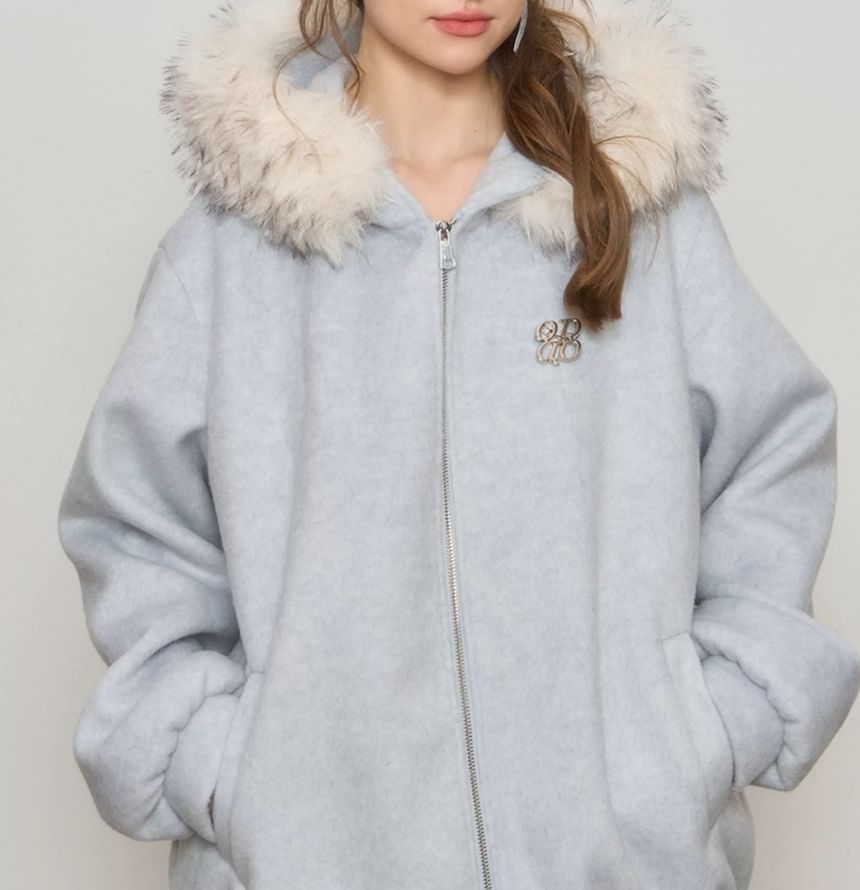 Melange Contrast Fluffy Trim Zip Hoodie