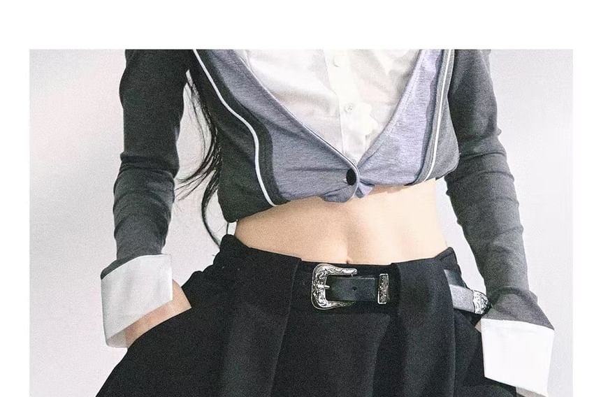 Long-Sleeve Cold-Shoulder Plaid Ruched Asymmetrical Shirt / High Waist Plain Bubble Hem Mini A-Line Skirt