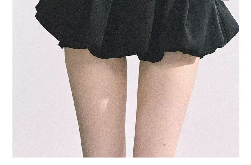 Long-Sleeve Cold-Shoulder Plaid Ruched Asymmetrical Shirt / High Waist Plain Bubble Hem Mini A-Line Skirt