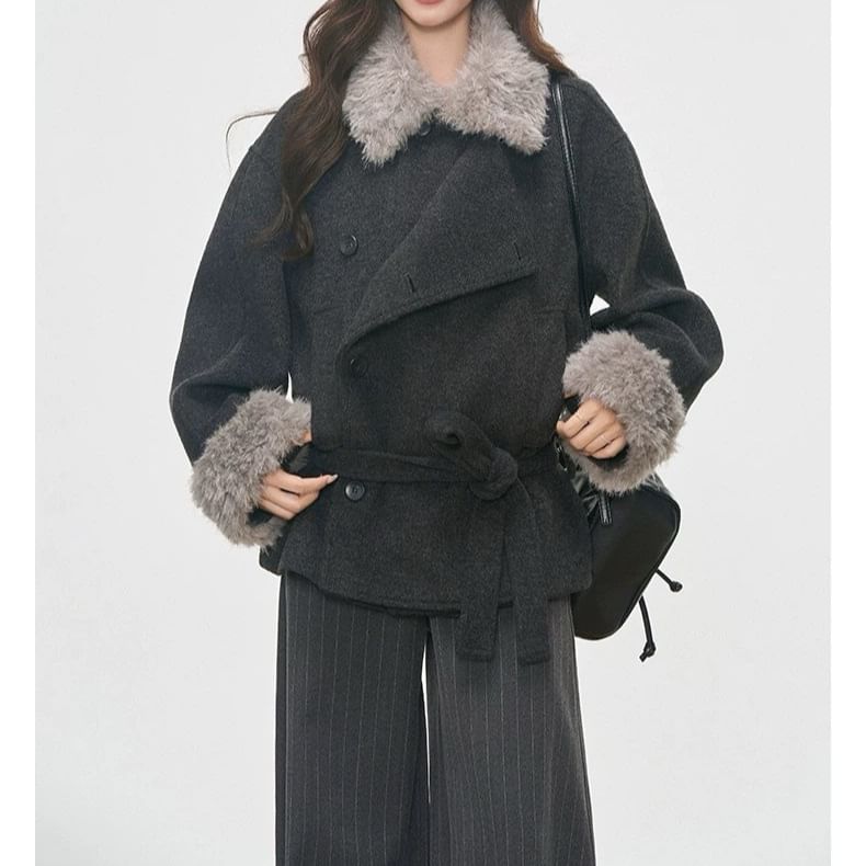 Collar Fleece Panel Sashed Single-Breasted Jacket / Striped Wide Leg Pants