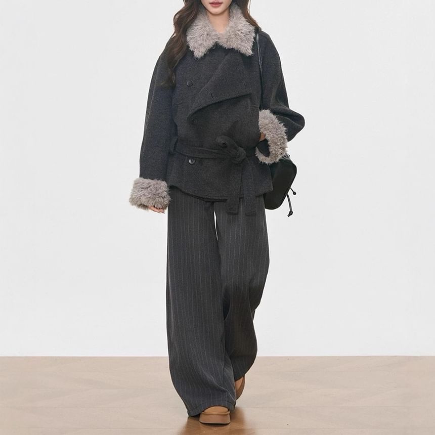 Collar Fleece Panel Sashed Single-Breasted Jacket / Striped Wide Leg Pants