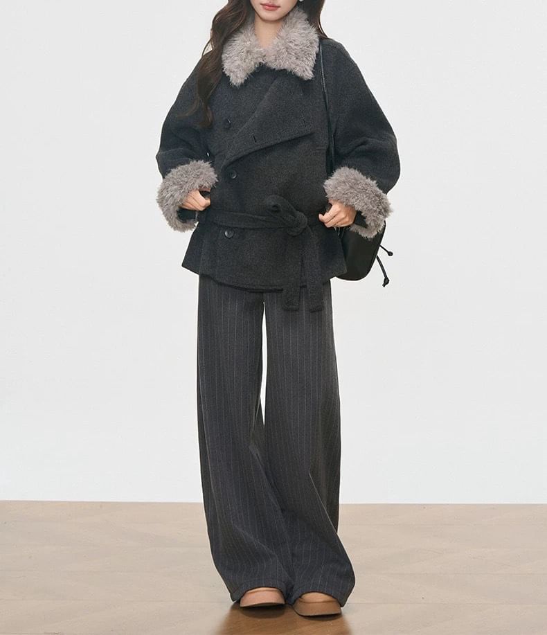 Collar Fleece Panel Sashed Single-Breasted Jacket / Striped Wide Leg Pants