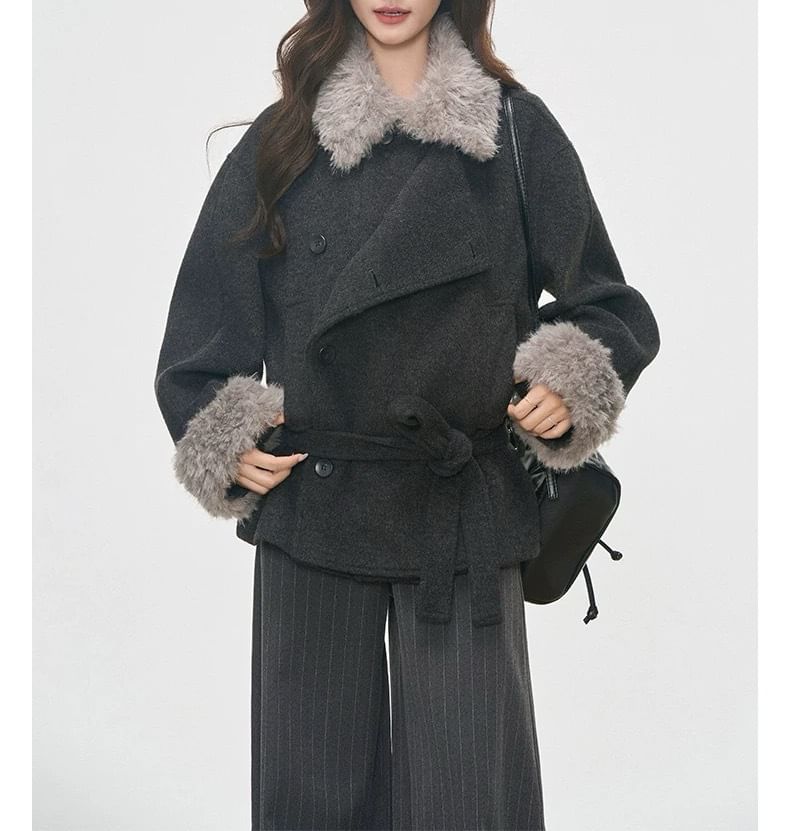 Collar Fleece Panel Sashed Single-Breasted Jacket / Striped Wide Leg Pants
