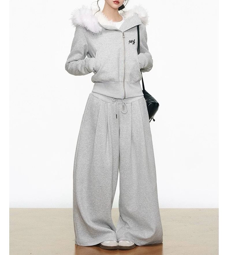 Melange Contrast Fluffy Trim Zip Hoodie / Drawstring Waist Wide Leg Pants