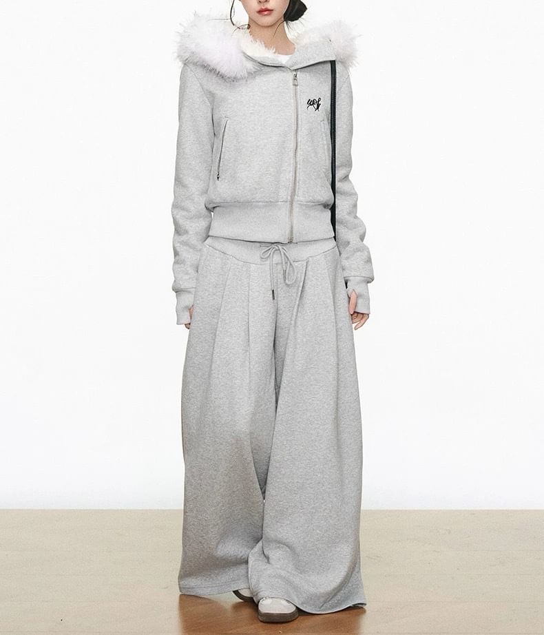 Melange Contrast Fluffy Trim Zip Hoodie / Drawstring Waist Wide Leg Pants