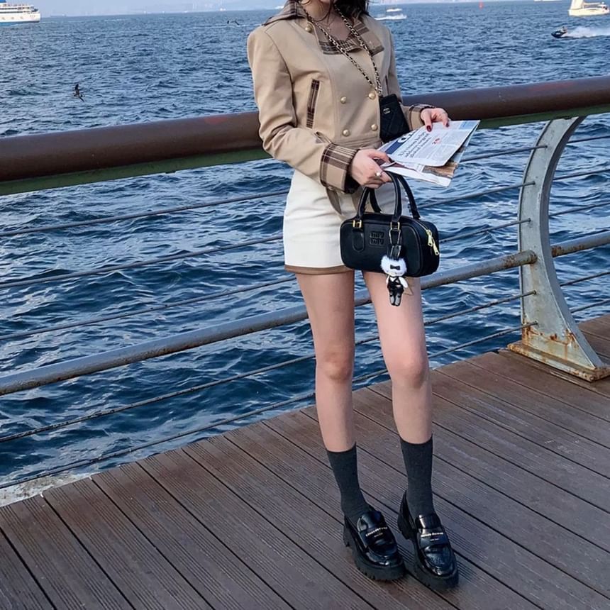 Notch Lapel Plaid Panel Cropped Double-Breasted Trench Jacket / High Waist Mini A-Line Skirt