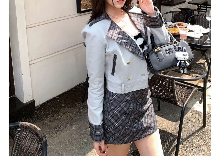 Notch Lapel Plaid Panel Cropped Double-Breasted Trench Jacket / High Waist Mini A-Line Skirt