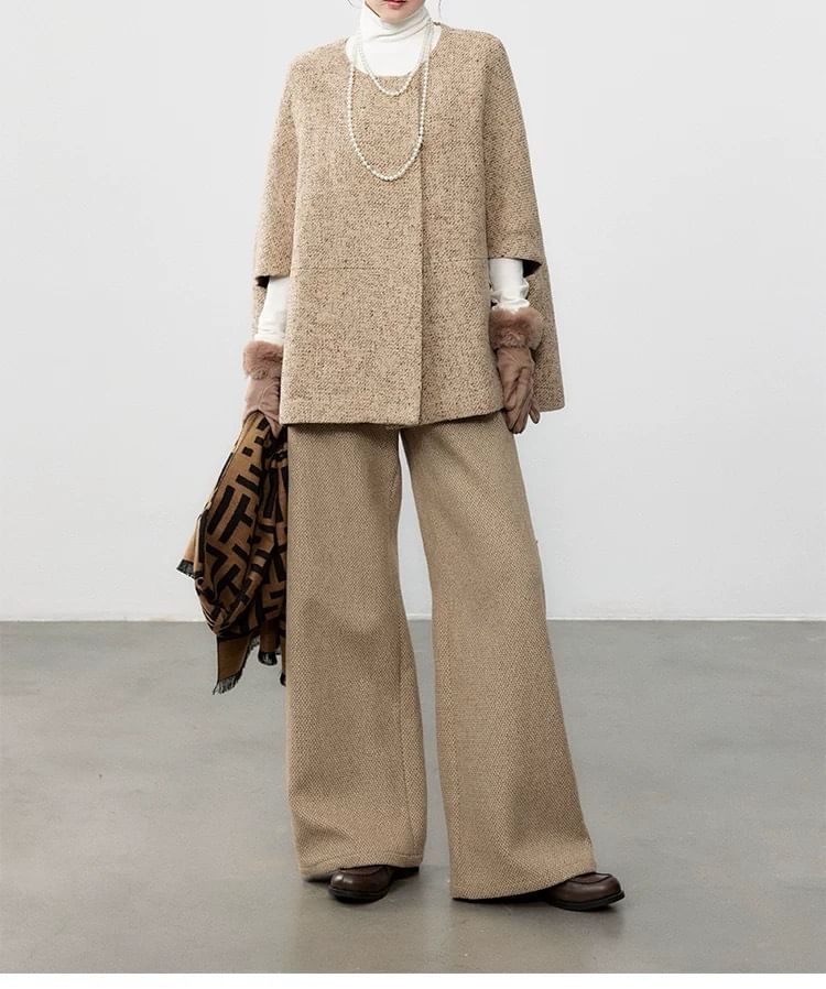 Round Neck Melange Cape / Long-Sleeve Bow Midi A-Line Knit Dress