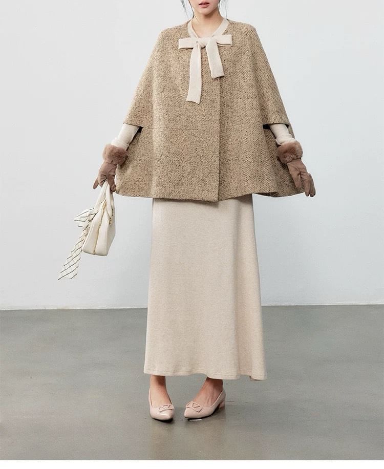 Round Neck Melange Cape / Long-Sleeve Bow Midi A-Line Knit Dress