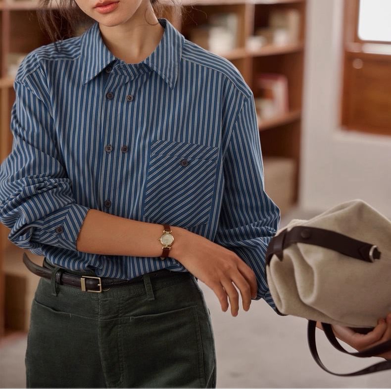 Long-Sleeve Striped Pocket Detail Shirt