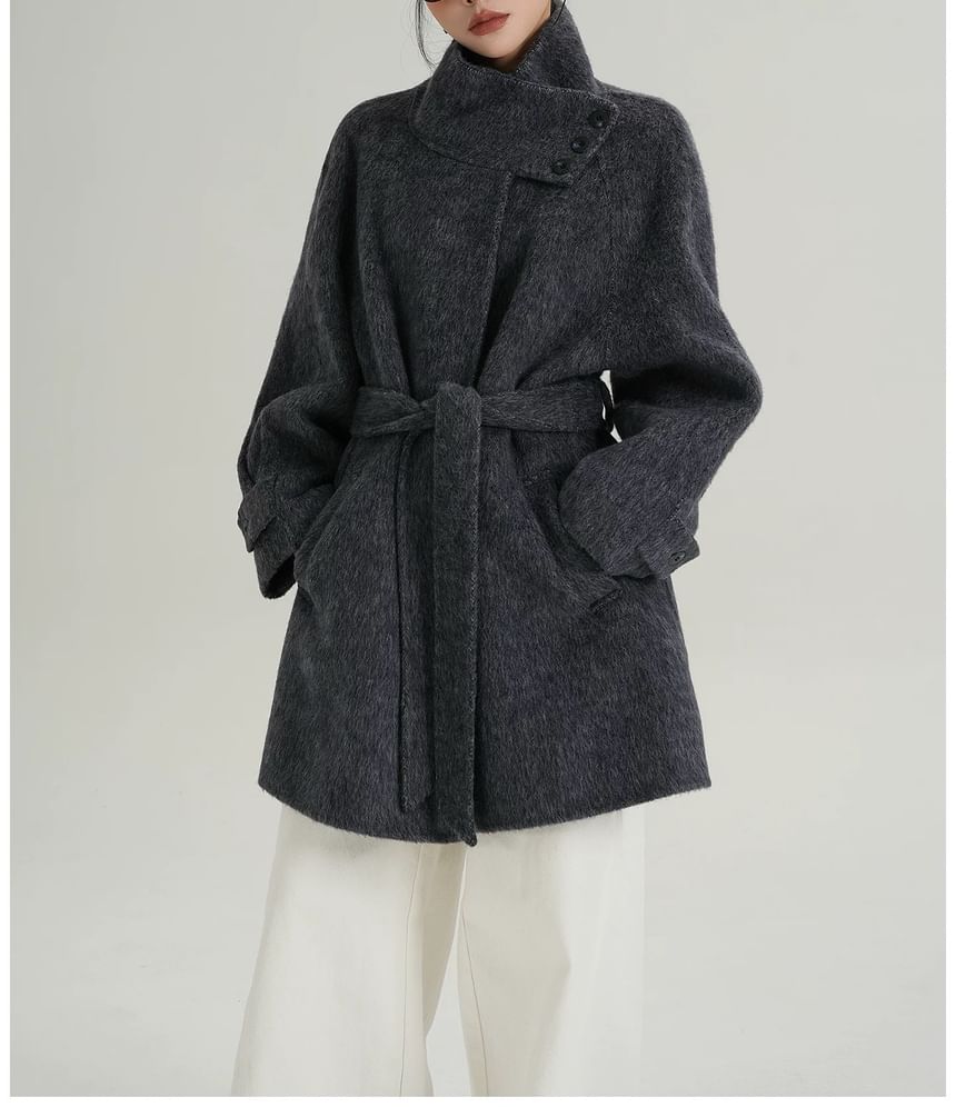 Stand Collar Fluffy Sashed Coat