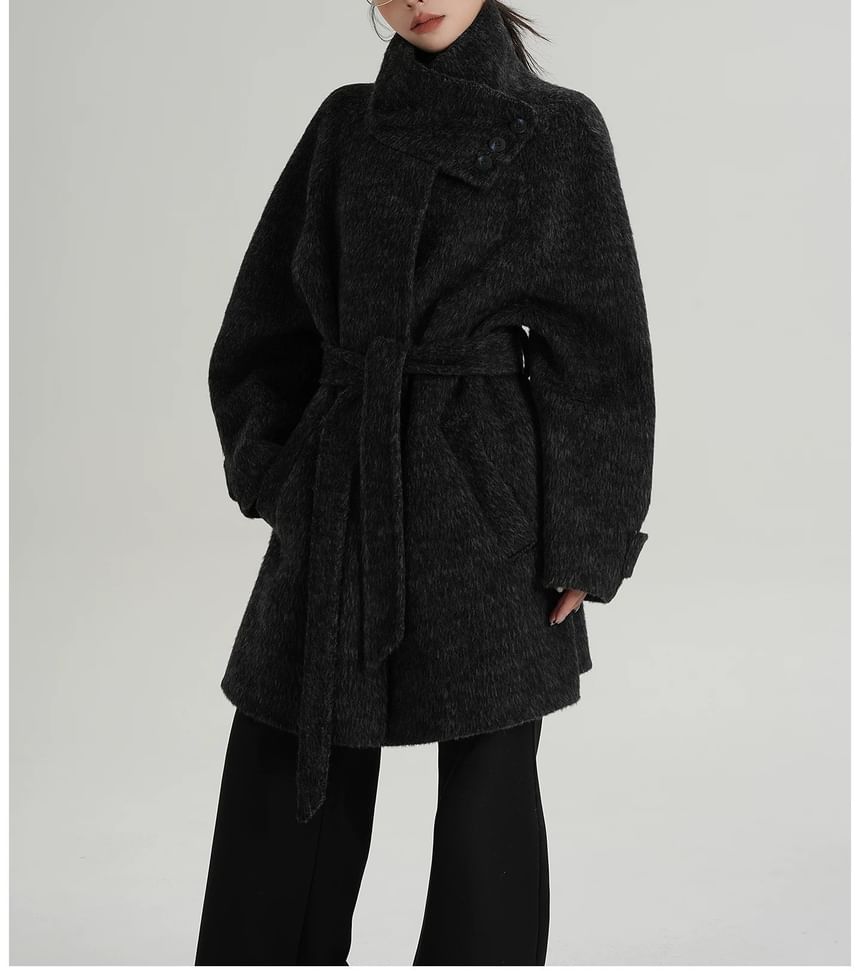Stand Collar Fluffy Sashed Coat