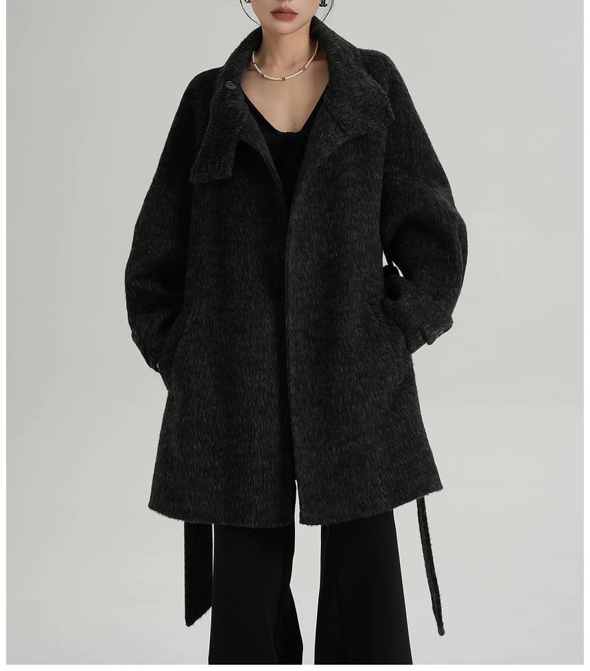 Stand Collar Fluffy Sashed Coat