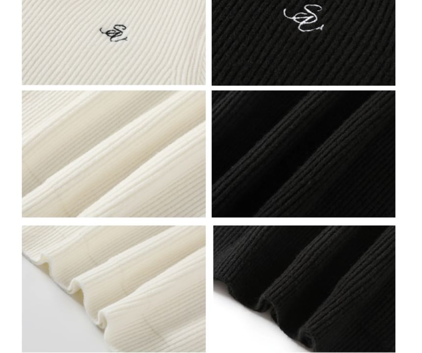 V-Neck Embroidered Ribbed Sweater / Drawstring Waist Plain Bootcut Pants / Striped Scarf