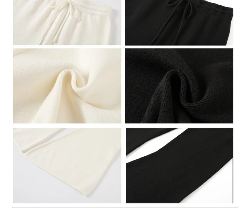 V-Neck Embroidered Ribbed Sweater / Drawstring Waist Plain Bootcut Pants / Striped Scarf