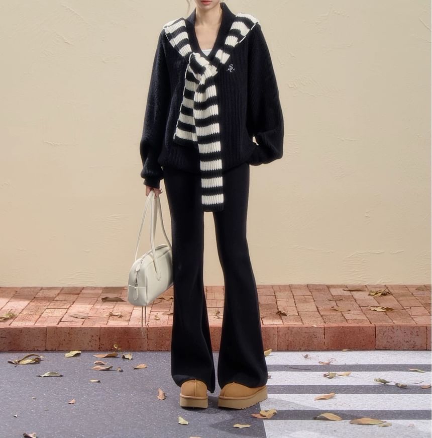 V-Neck Embroidered Ribbed Sweater / Drawstring Waist Plain Bootcut Pants / Striped Scarf