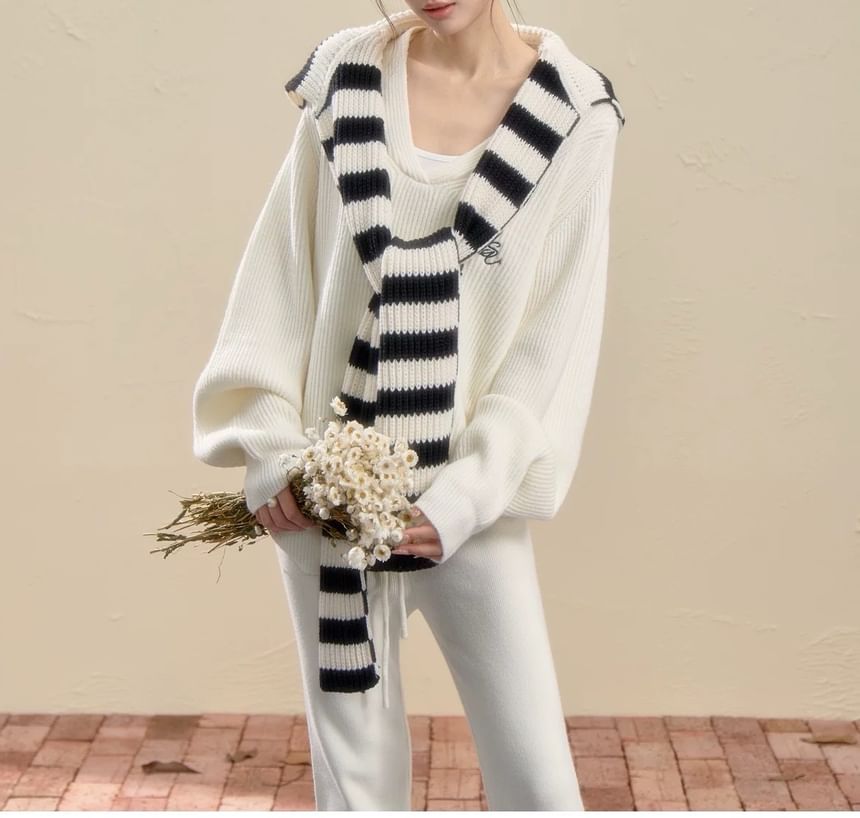 V-Neck Embroidered Ribbed Sweater / Drawstring Waist Plain Bootcut Pants / Striped Scarf