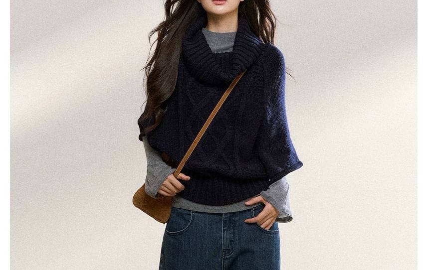 Long-Sleeve Mock Neck Melange Knit Top / 3/4-Sleeve Plain Sweater / Scarf / Set