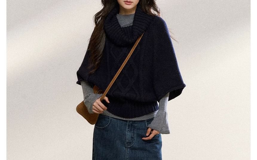 Long-Sleeve Mock Neck Melange Knit Top / 3/4-Sleeve Plain Sweater / Scarf / Set