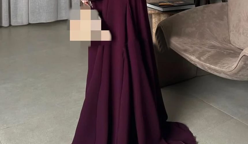 Bell Sleeve Off Shoulder Ruched Panel Satin Maxi Mermaid Dress