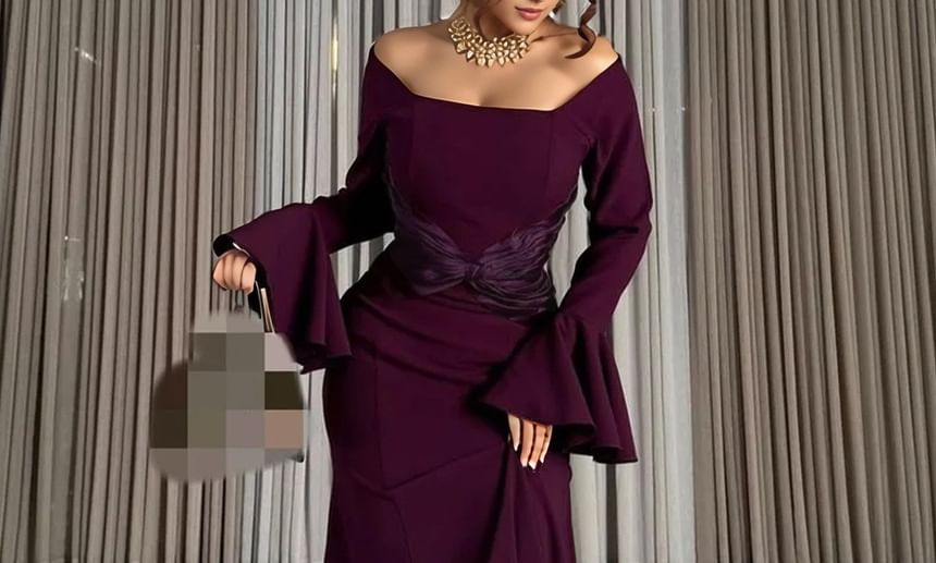 Bell Sleeve Off Shoulder Ruched Panel Satin Maxi Mermaid Dress