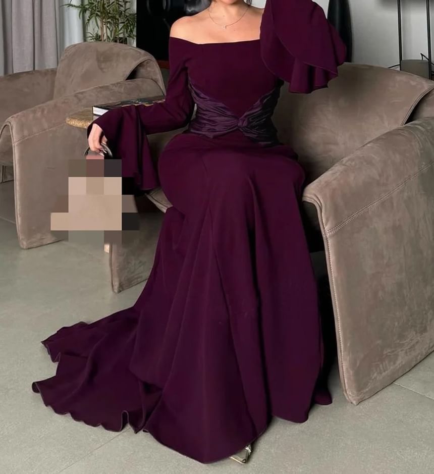 Bell Sleeve Off Shoulder Ruched Panel Satin Maxi Mermaid Dress