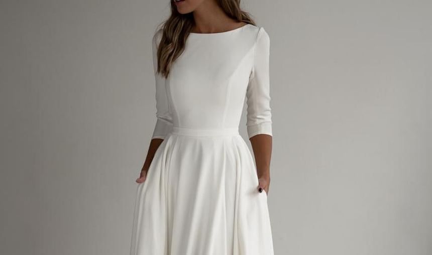 3/4 Sleeve Boat Neck Plain Pocket Maxi A-Line Dress