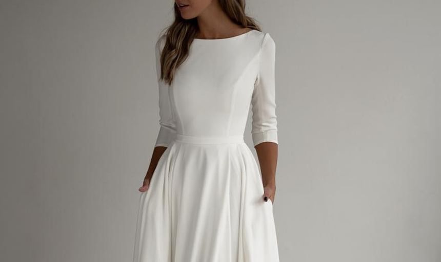 3/4 Sleeve Boat Neck Plain Pocket Maxi A-Line Dress