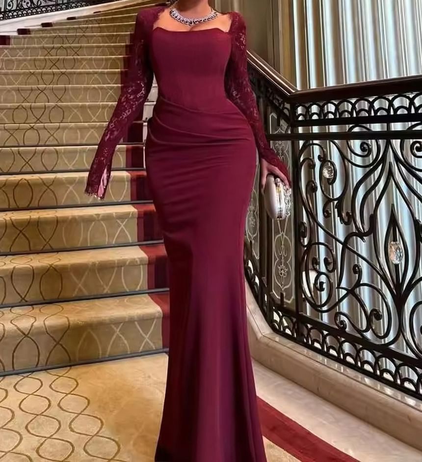 Long Sleeve Square Neck Plain Cutout Back Panel Lace Maxi Sheath Dress