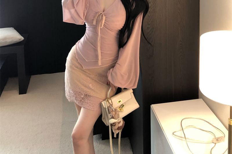 V-Neck Long Sleeve Top and Lace Pencil Skirt
