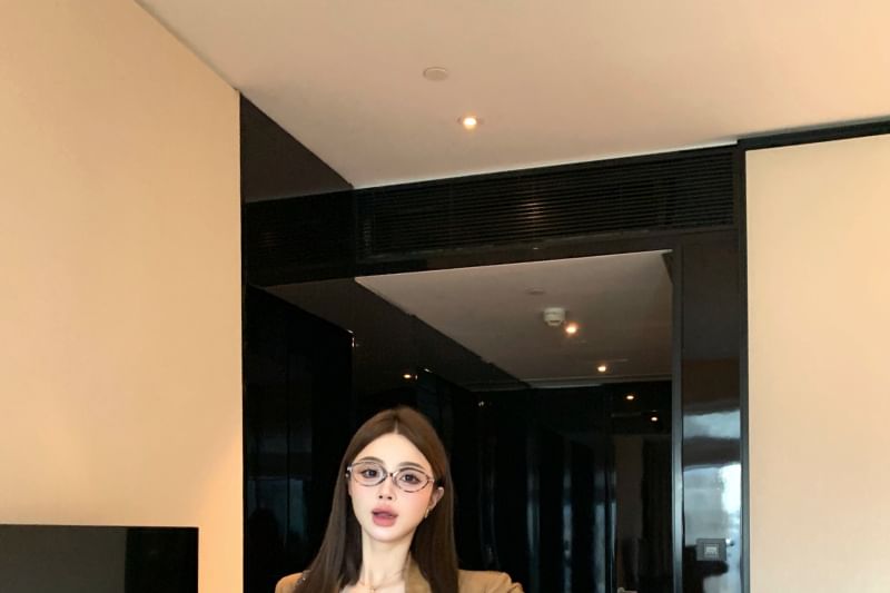 Scoop Neck Crop Camisole Blazer and Mini Pleated Skirt